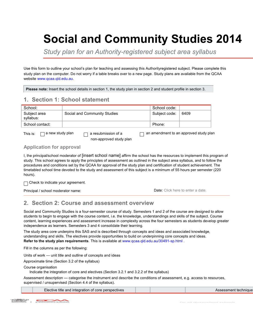 Study Plan Template for the Social and Community Studies (2014) SAS