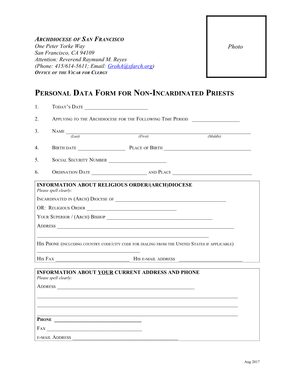 Personal Data Form for Non-Incardinated Priests