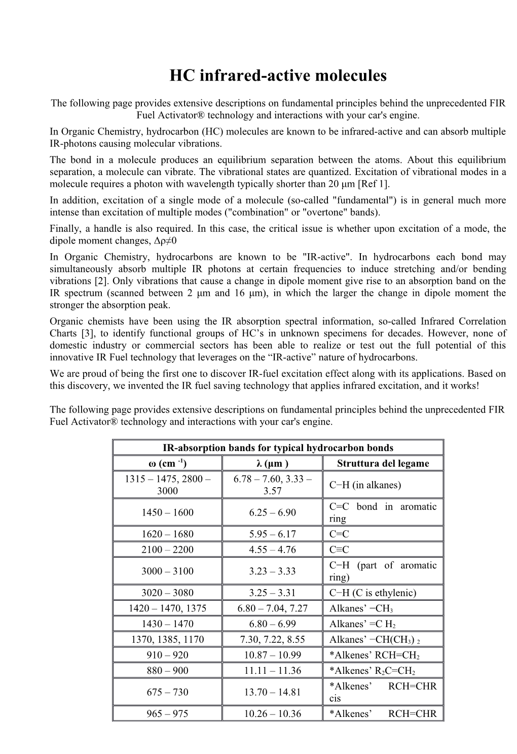 HC Infrared-Active Molecules the Following Page Provides Extensive Descriptions on Fundamental