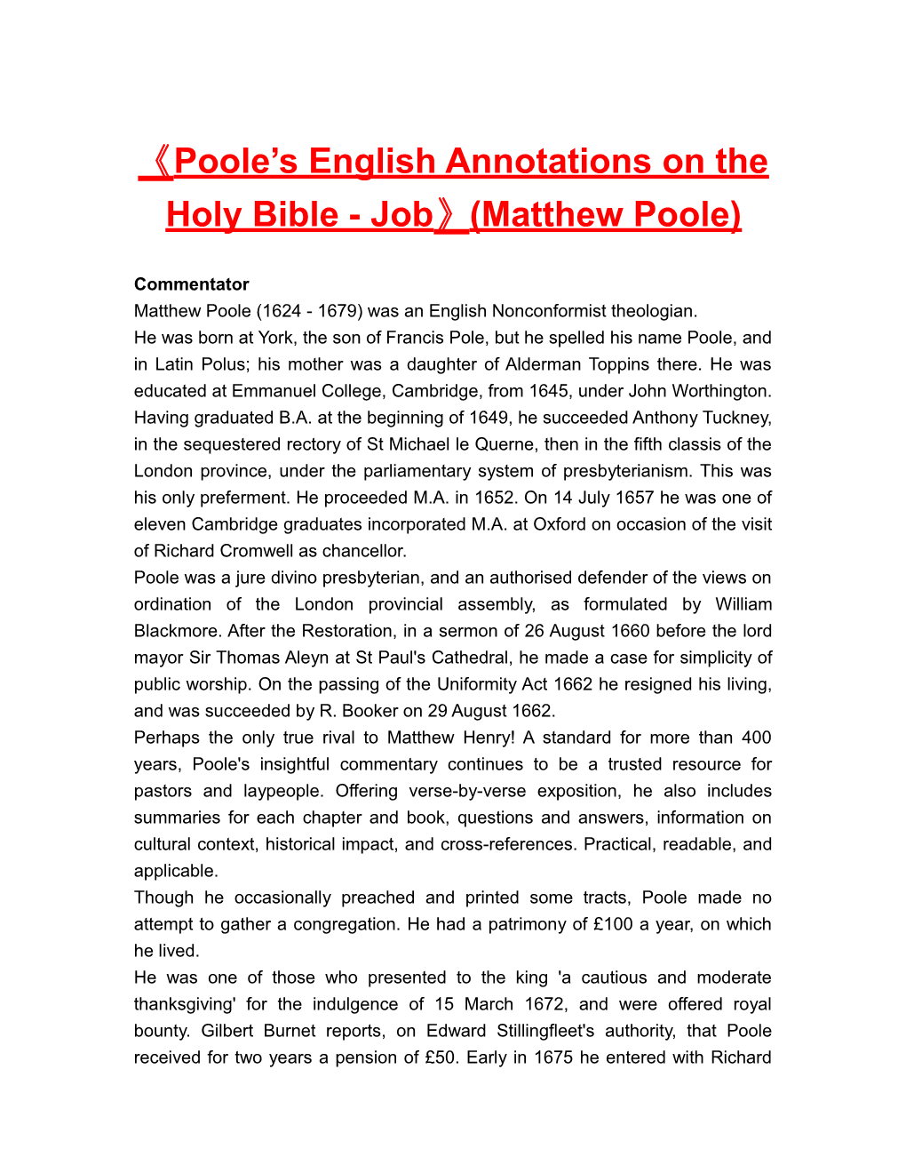 Poole S English Annotationson the Holy Bible - Job (Matthew Poole)