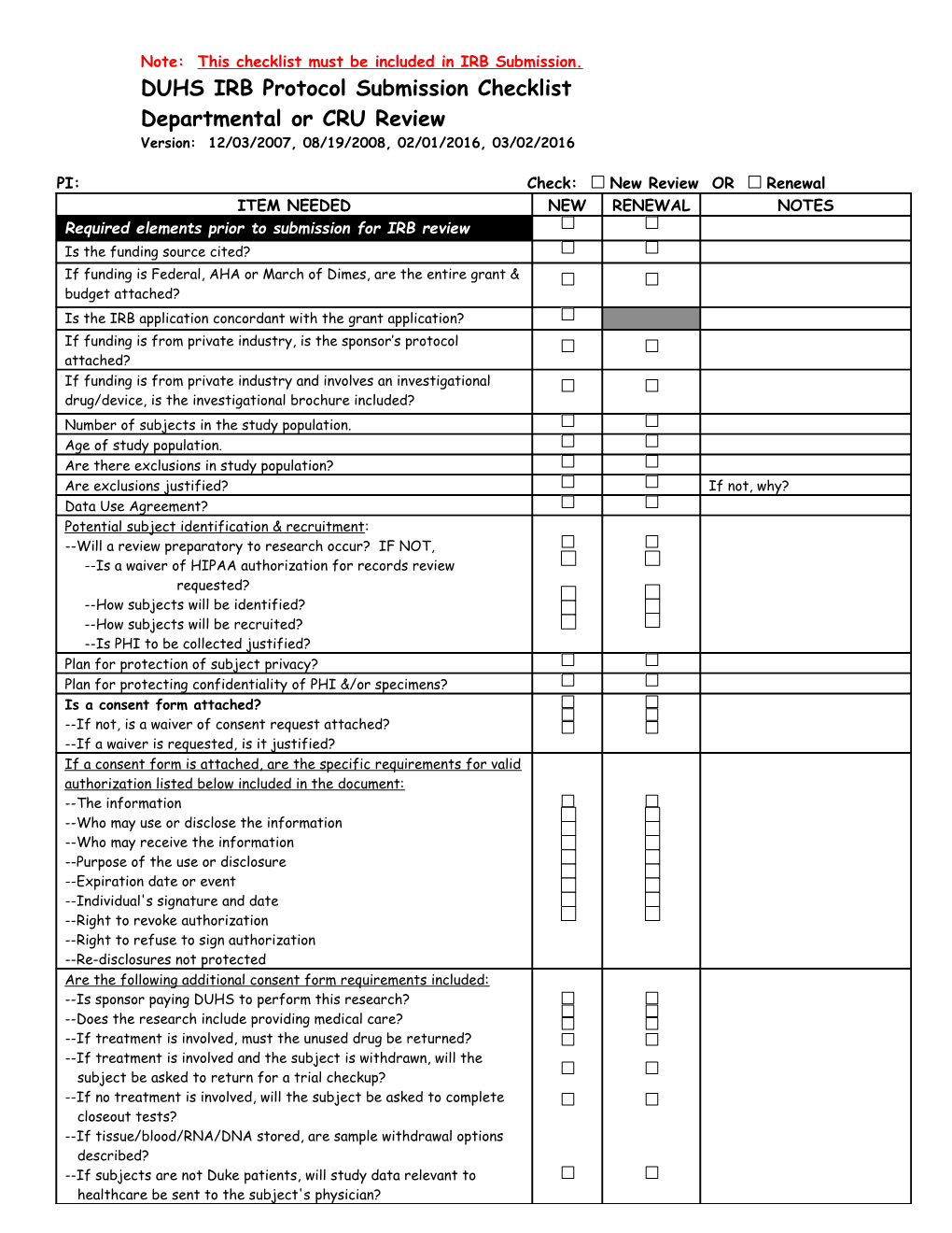 DUMC IRB Protocol Submission Checklist