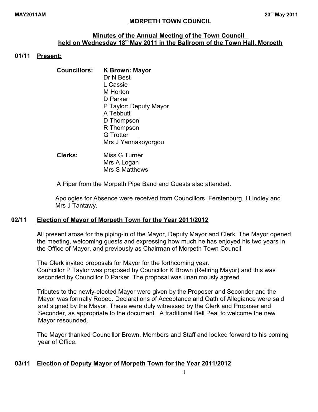 Minutes of the Annual Meeting of the Town Council