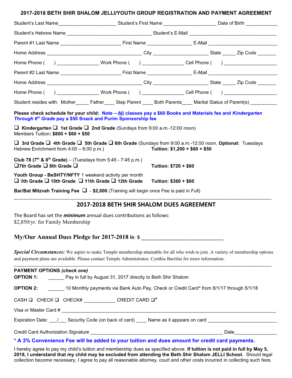 BETH SHIR SHOLOM RELIGIOUS SCHOOL Registration & Payment Agreement 2010-2011