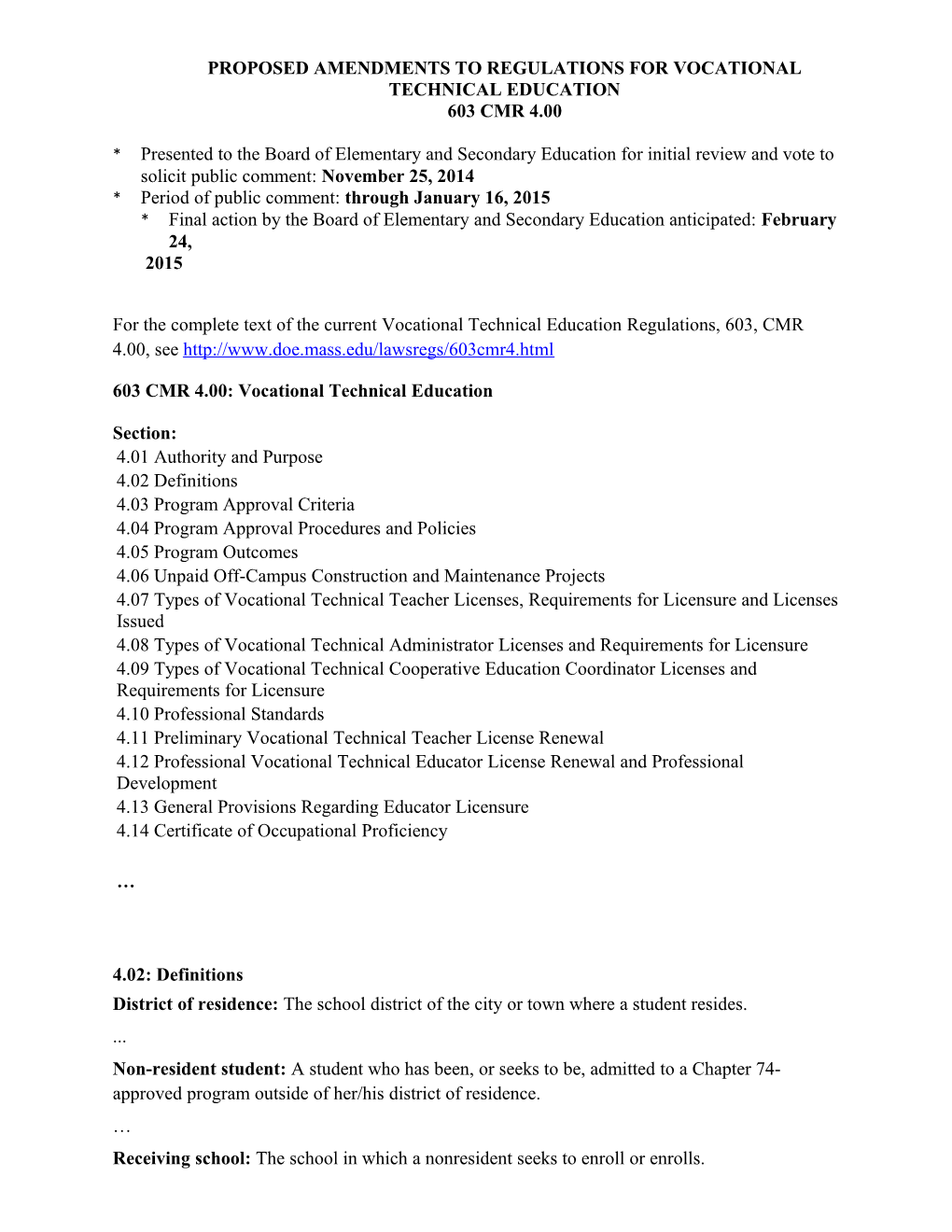 Board Attachments 11/25/14, PROPOSED AMENDMENTS to REGULATIONS for VOCATIONAL TECHNICAL