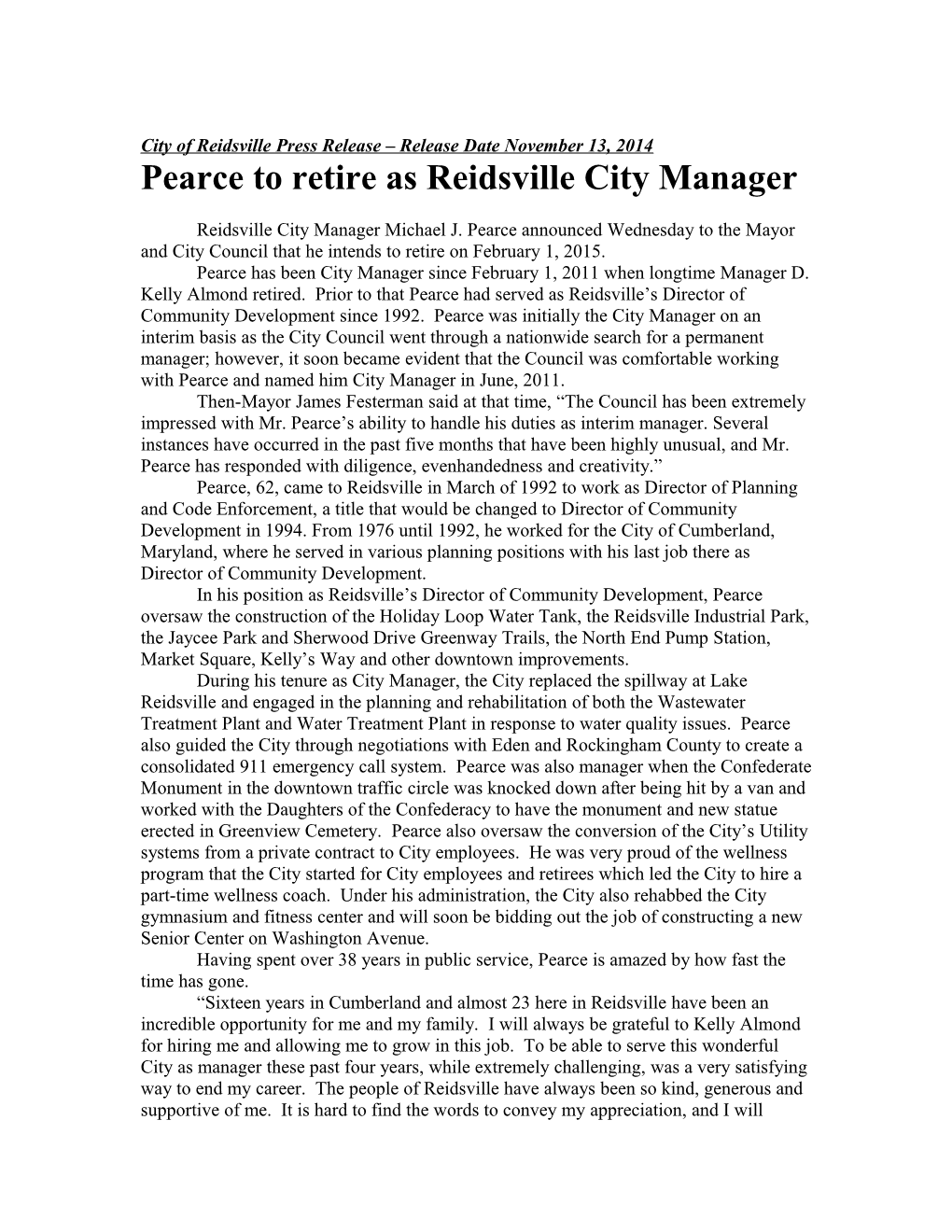 City of Reidsville Press Release Release Date January 4, 2011
