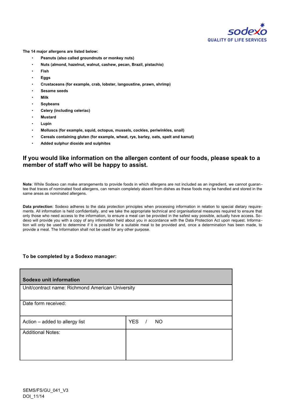 This Form Should Be Completed by Students Who Have a Food Allergy and Emailed To