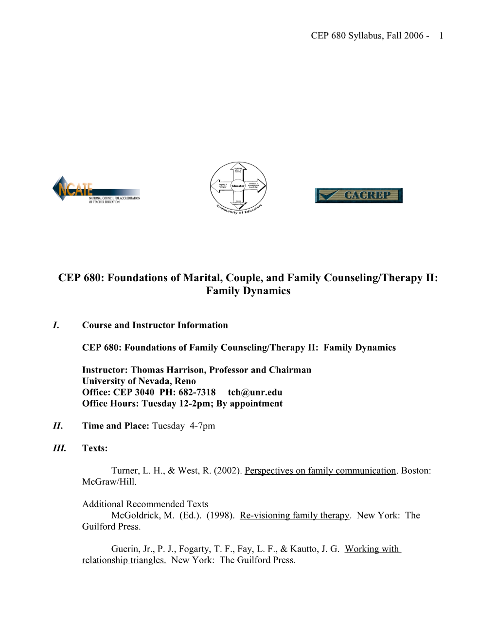 Foundations of Marital, Couple and Family Counseling / Therapy II: Family Dynamics