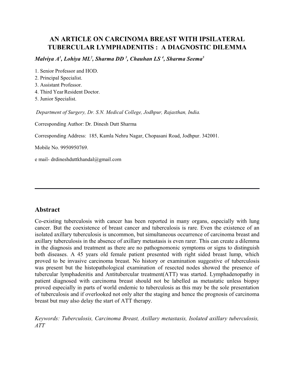 An Article on Carcinoma Breast with Ipsilateral Tubercular Lymphadenitis : a Diagnostic