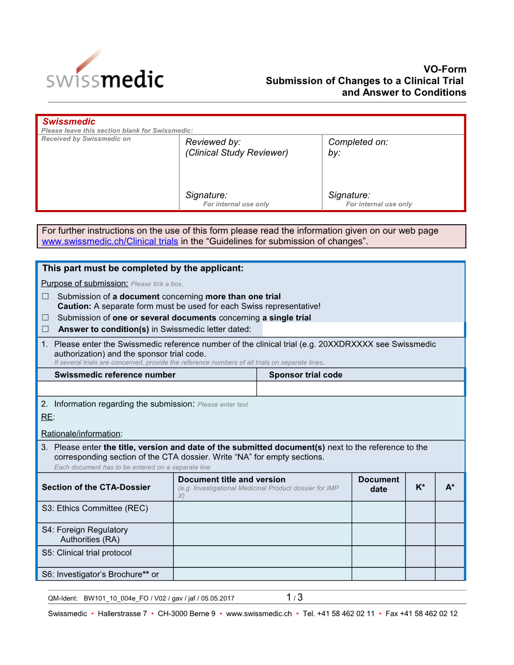 Submission of Changes to a Clinical Trial and Answer to Conditions