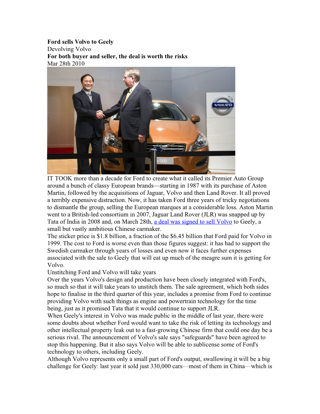 Ford Sells Volvo to Geely