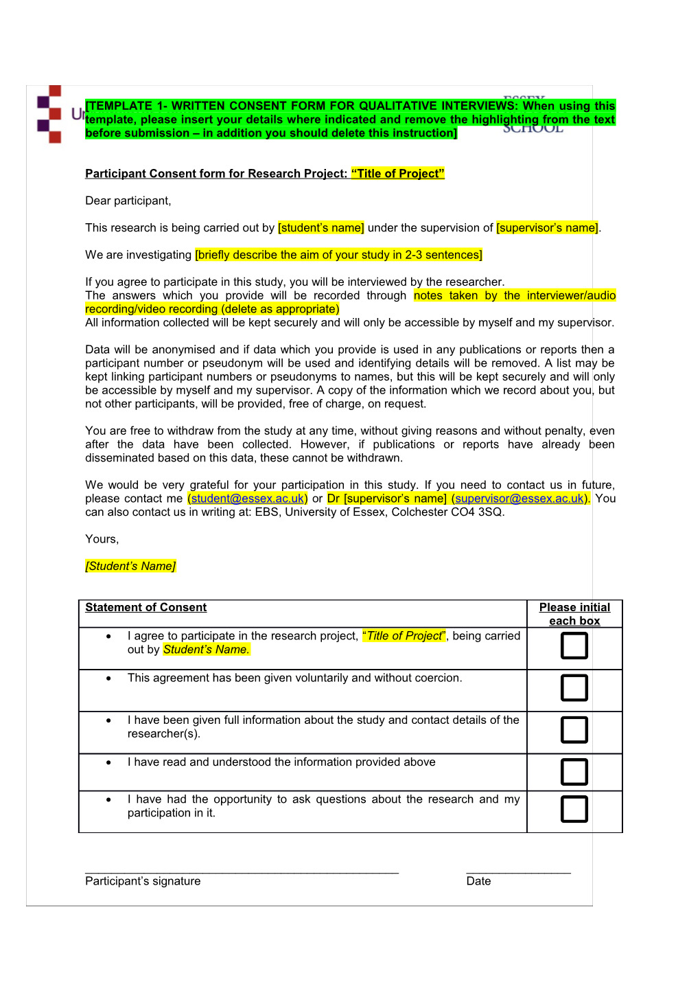 Participant Consent Form for Research Project: Title of Project
