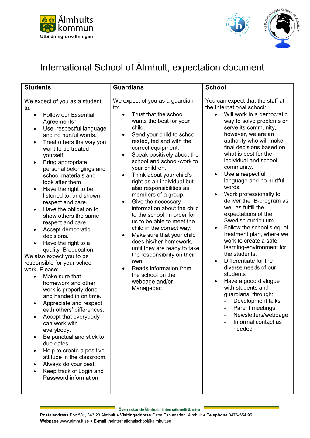International School of Älmhult, Expectation Document