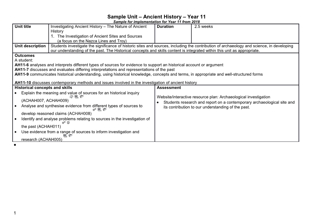 Sample Unit Year 11 the Investigation of Ancient Sites and Sources