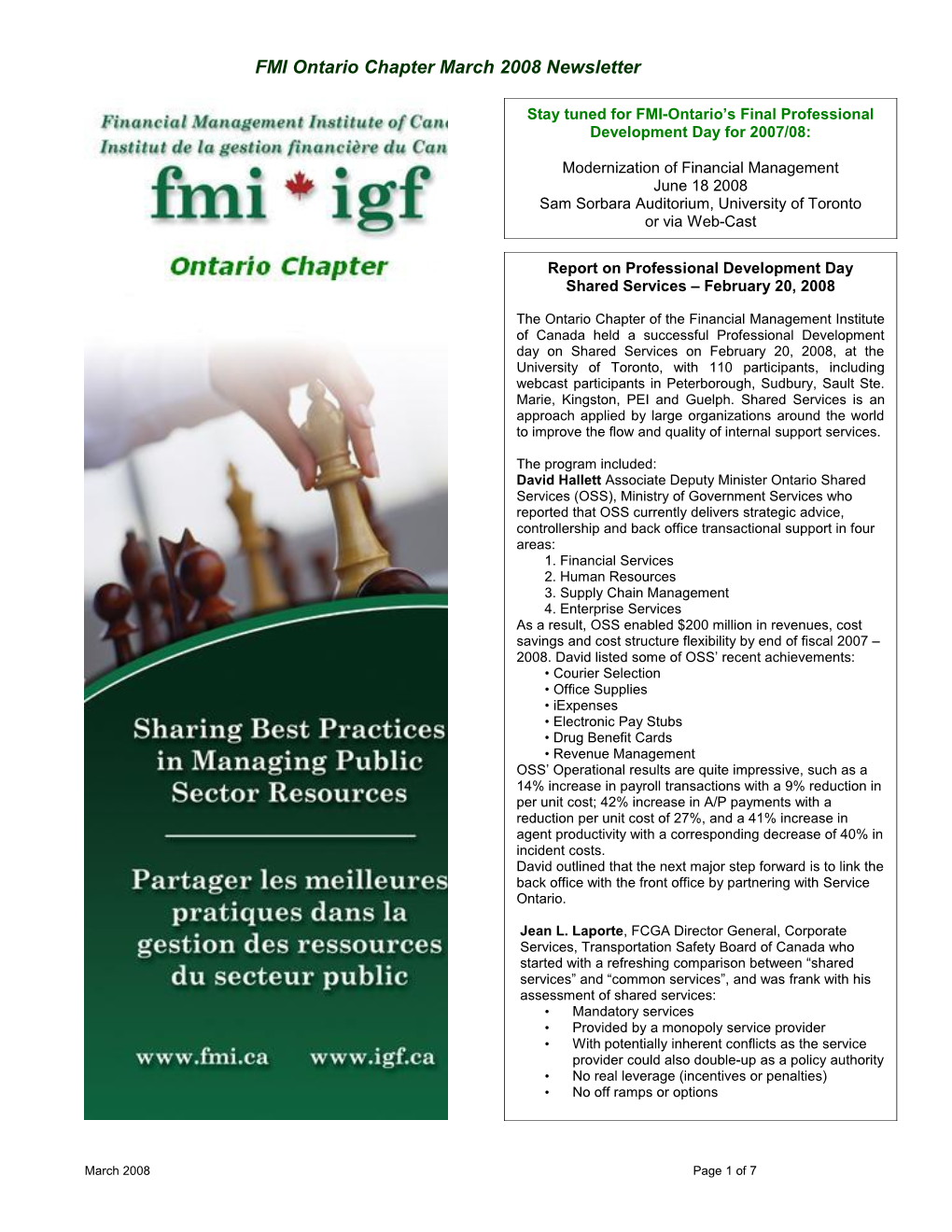 FMI Ontario Chapter March 2008 Newsletter