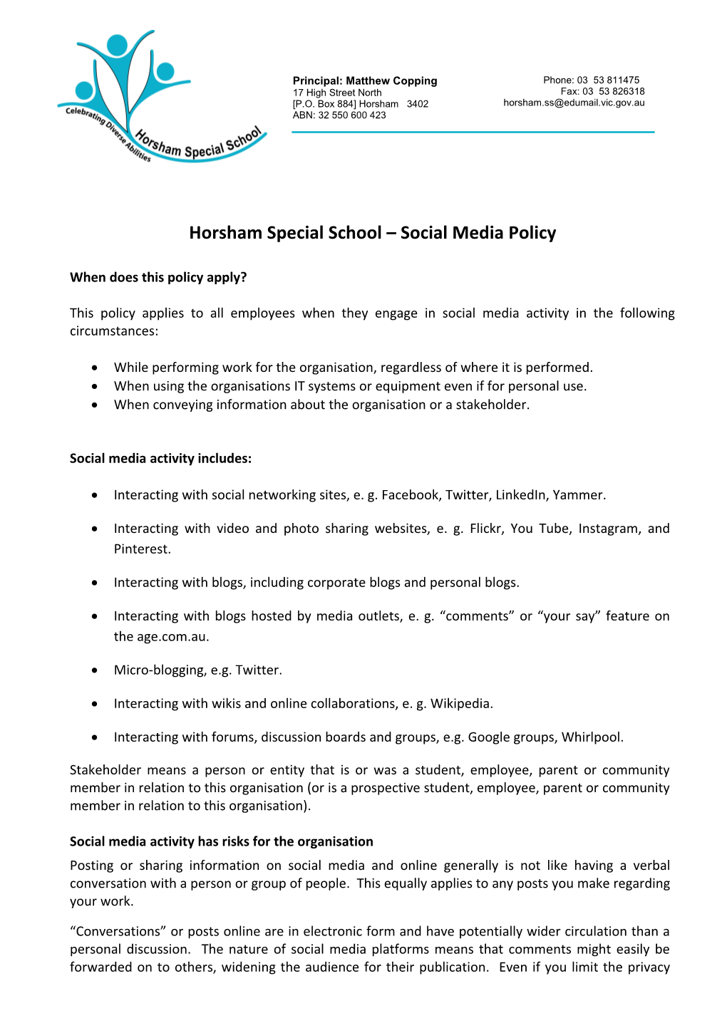 Horsham Special School Social Media Policy