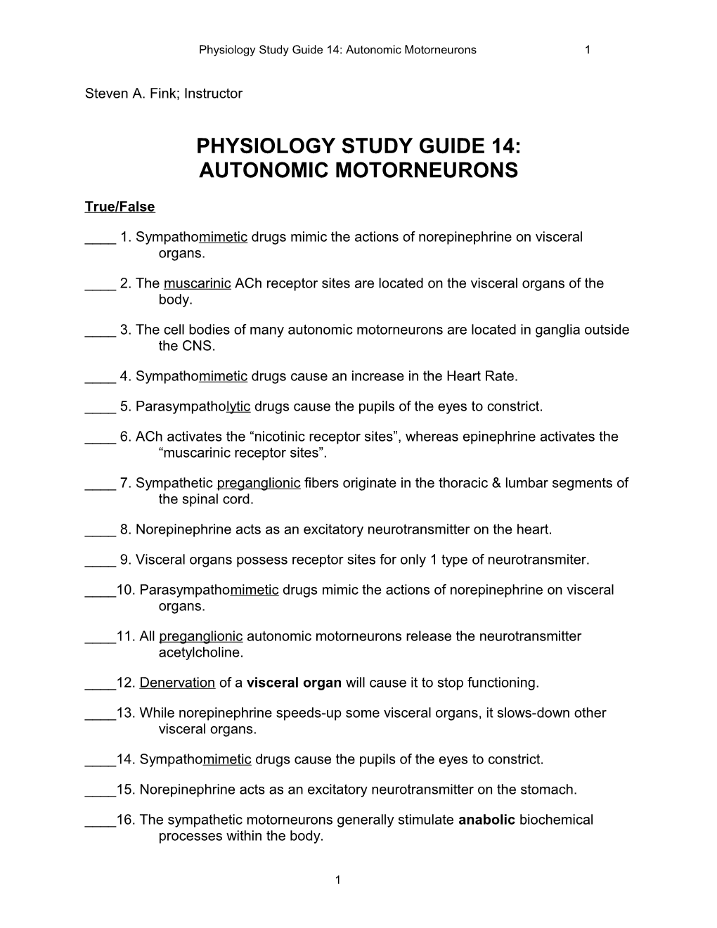 Physiology Study Guide 14: Autonomic Motorneurons1