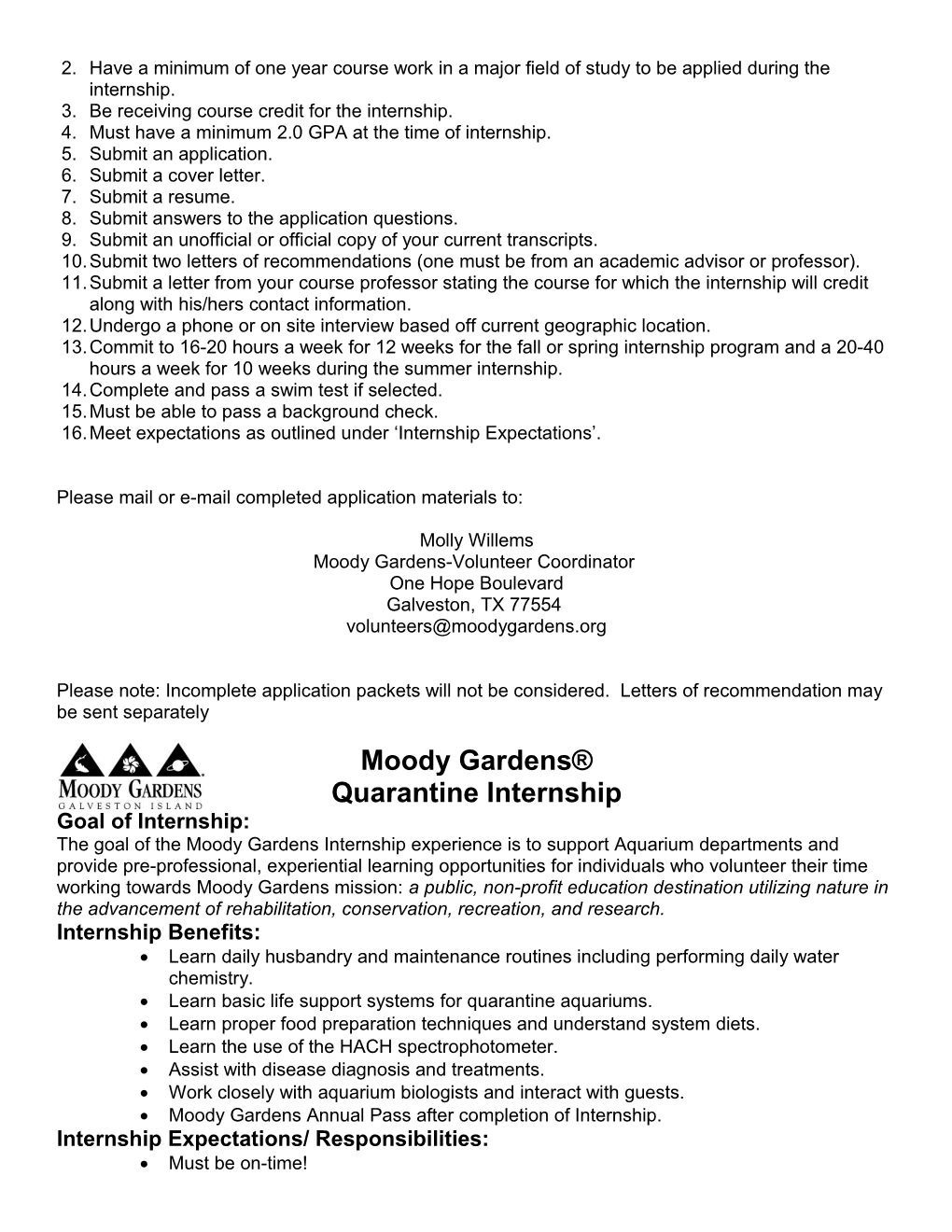 Moody Gardens Quarantine Internship Application