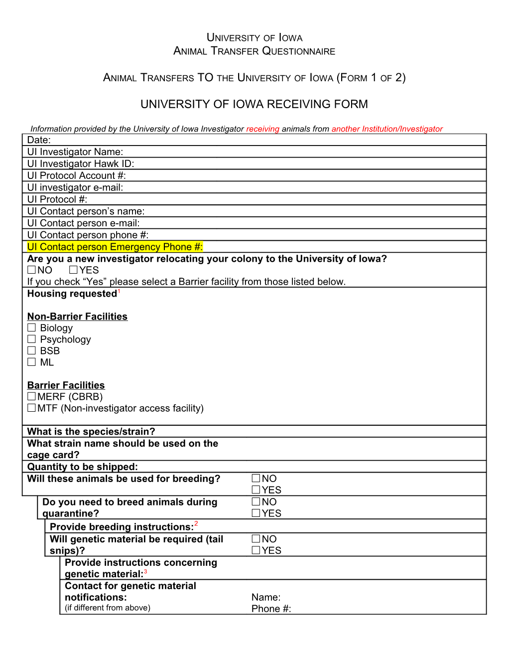 Animal Transfers to the University of Iowa (Form 1 of 2)