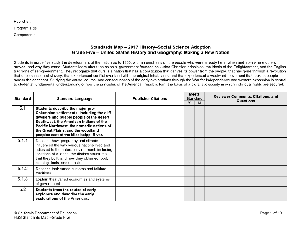 HSS Standards Map, Grade 5 - Instructional Materials (CA Dept of Education)