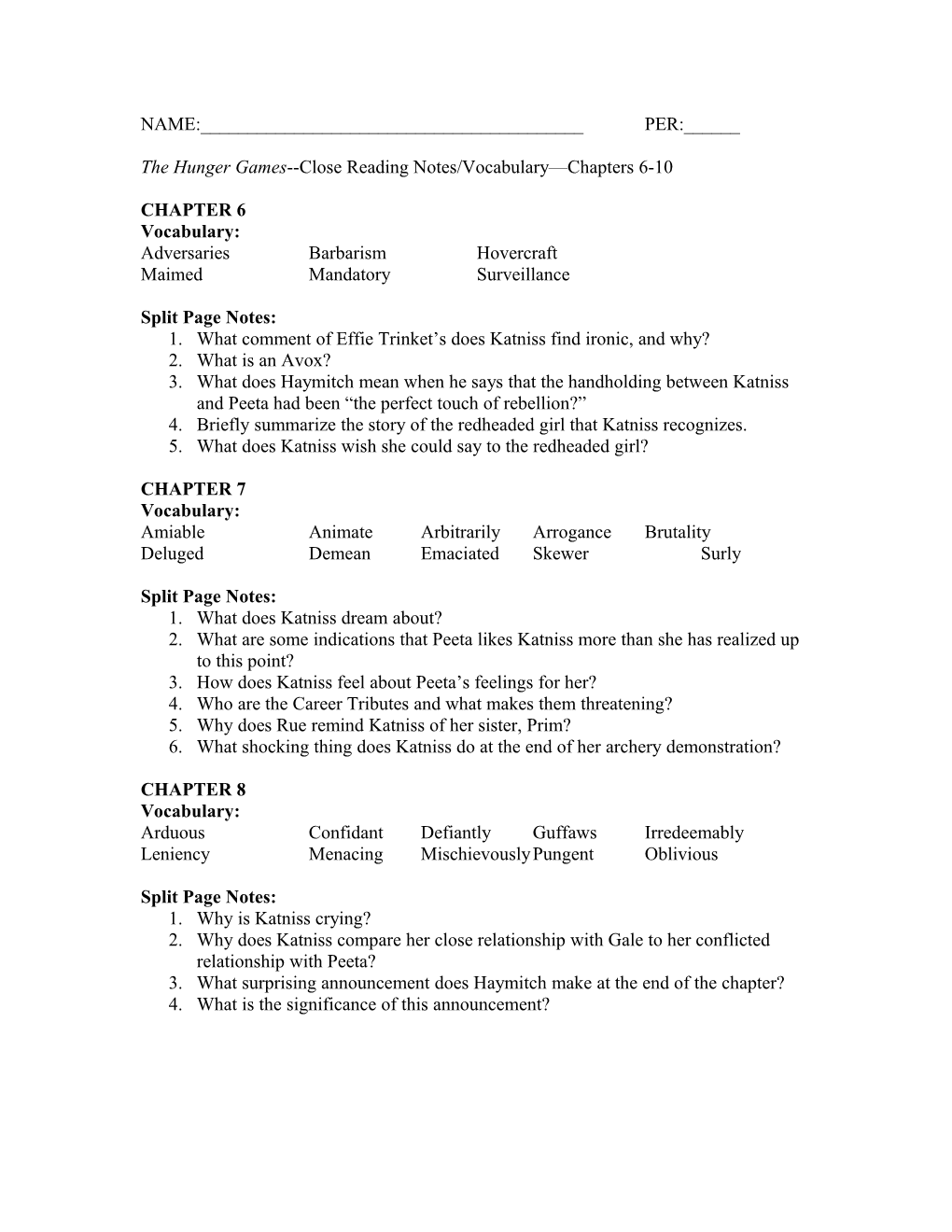 The Hunger Games Close Reading Notes/Vocabulary Chapters 6-10