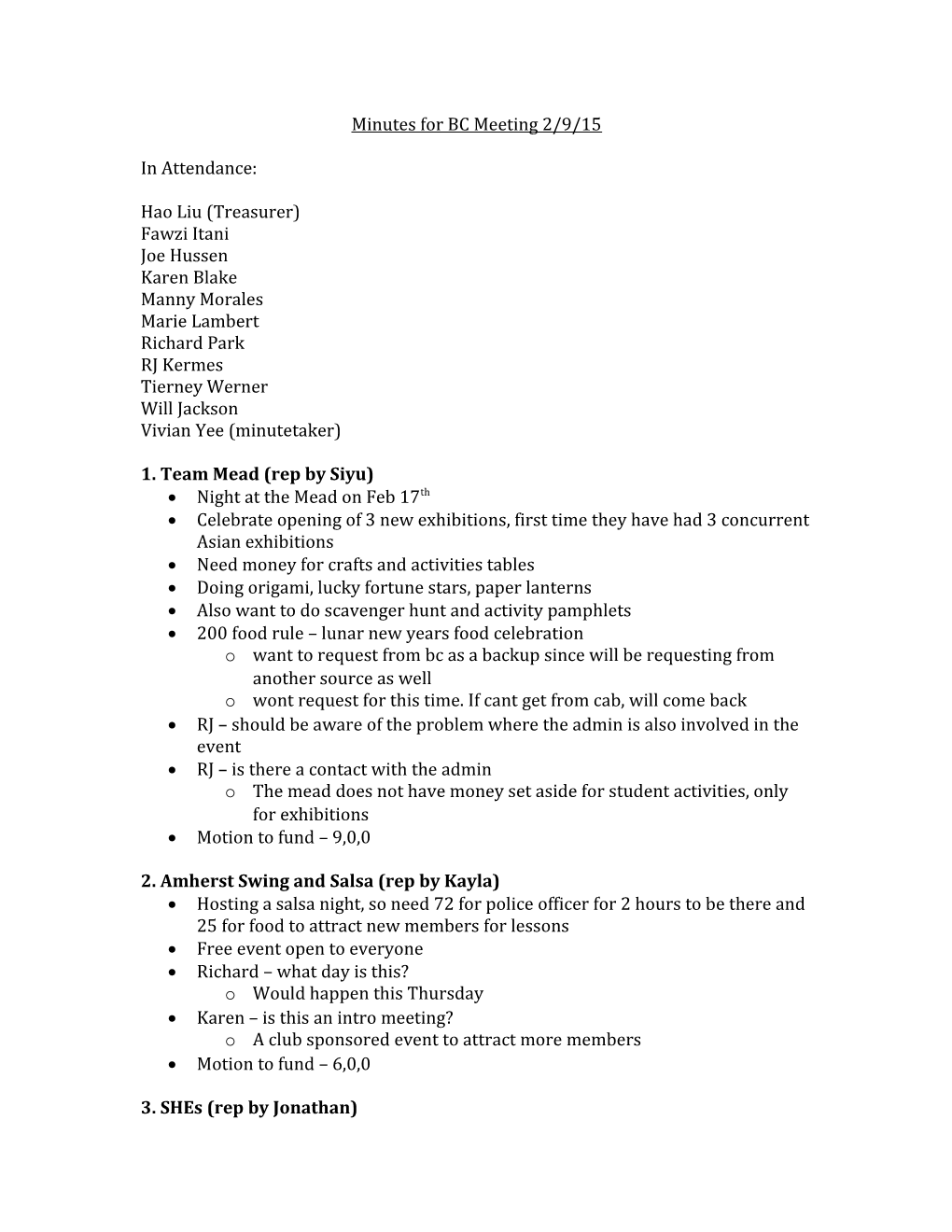 Minutes for BC Meeting 2/9/15