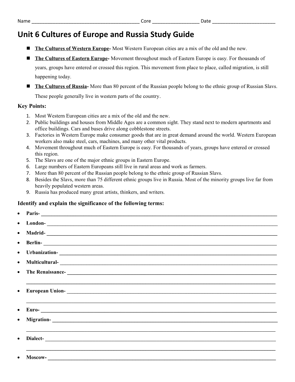 Unit 6 Cultures of Europe and Russia Study Guide