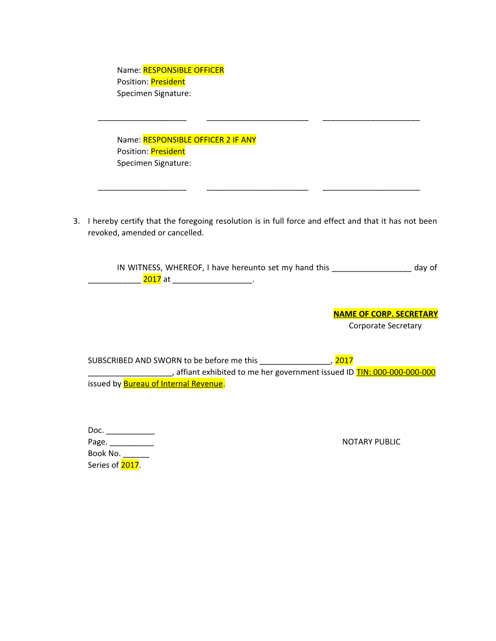 Appendix C-1: Secretary S Certificate