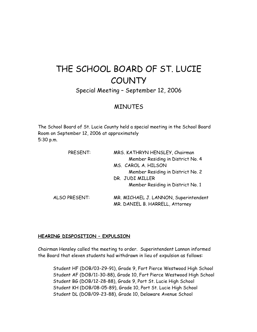 09-12-06 SLCSB Expulsion Meeting Minutes Approved 9-26-06
