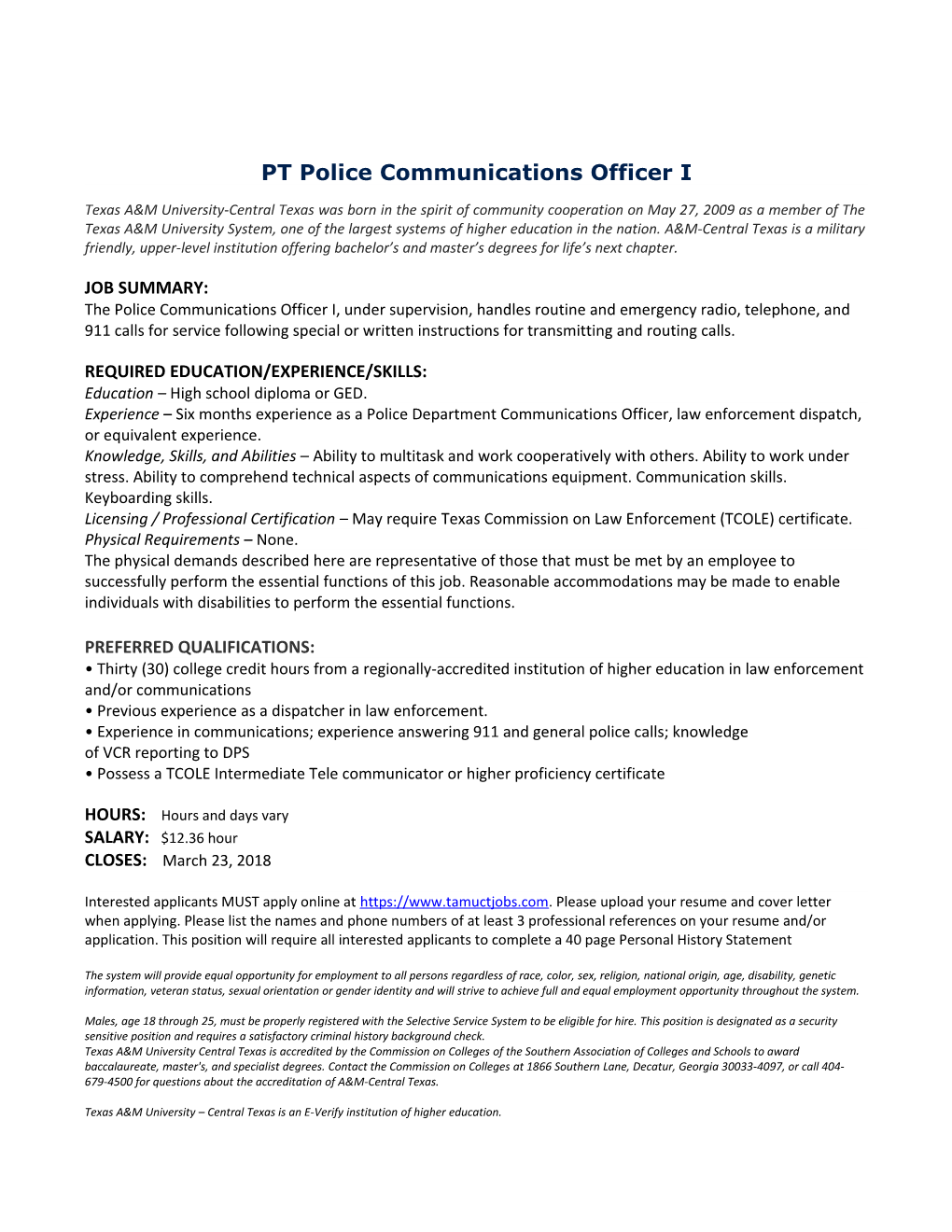 PT Police Communications Officer I