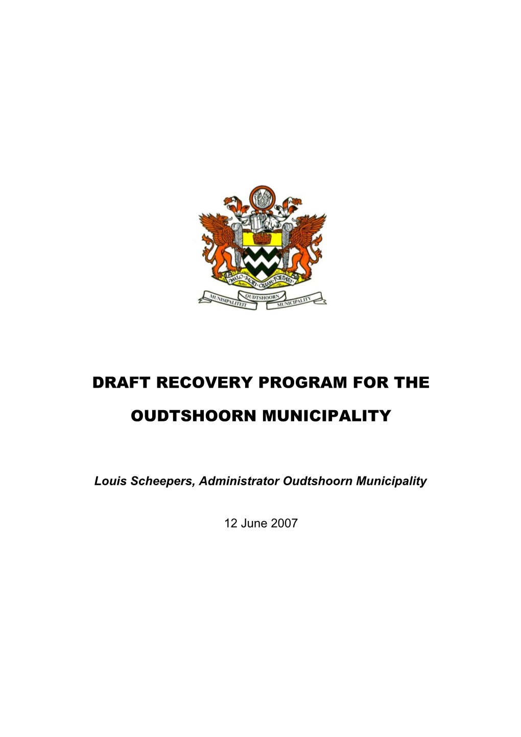 Draft Recovery Program for the Oudtshoorn Municipality