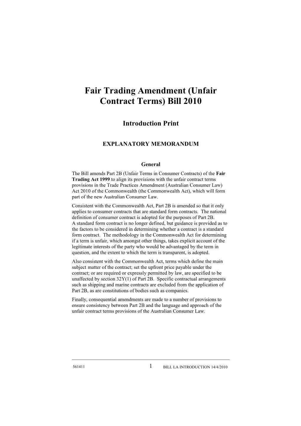 Fair Trading Amendment (Unfair Contract Terms) Bill 2010