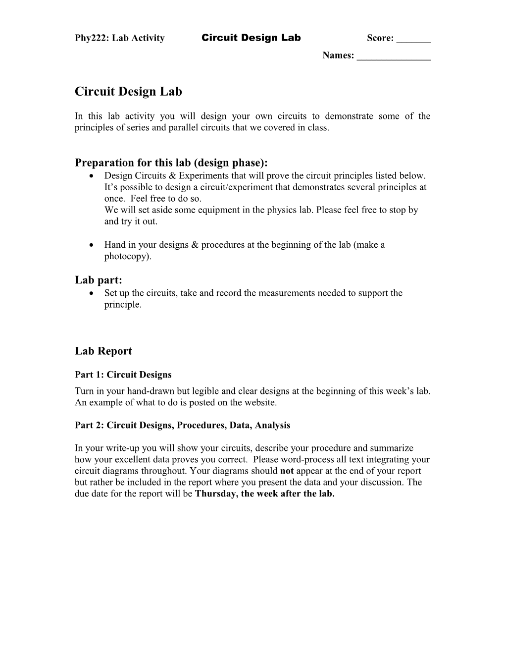 Phy222: Lab Activitycircuit Design Lab Score: ______