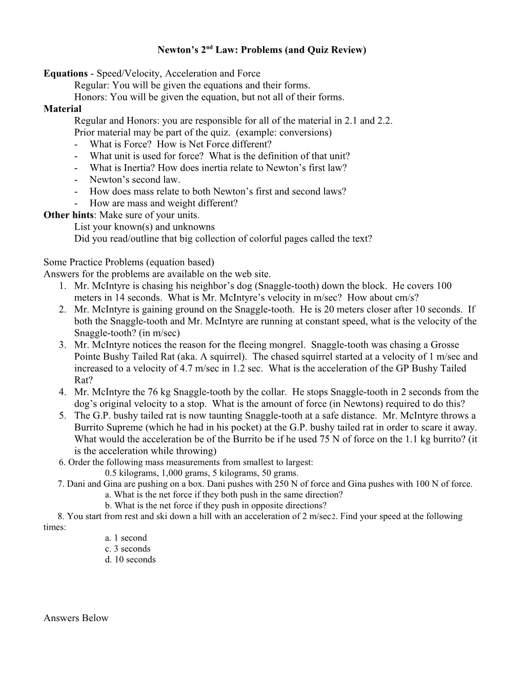 Newton S 2Nd Law: Problems (And Quiz Review)