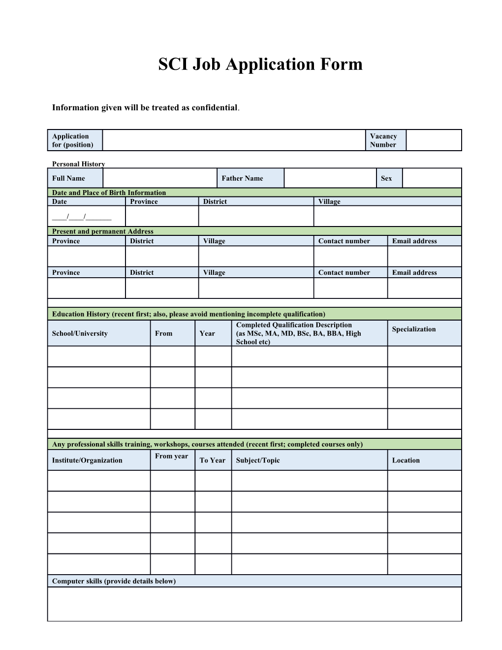 SCI Job Application Form