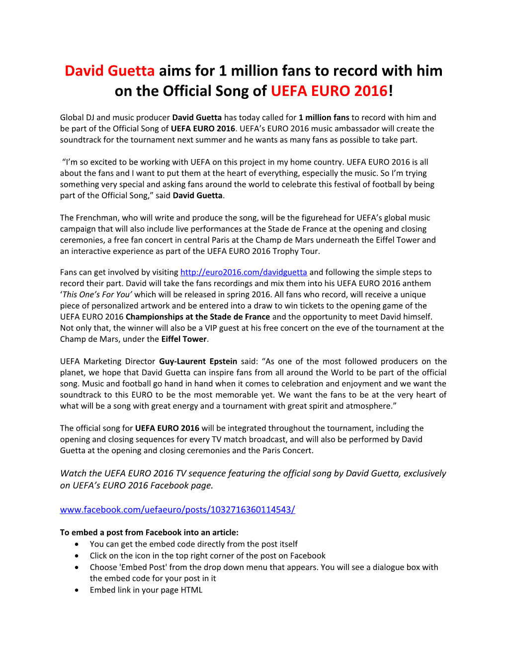 David Guetta Aims for 1 Million Fans to Record with Him on the Official Song of UEFA EURO