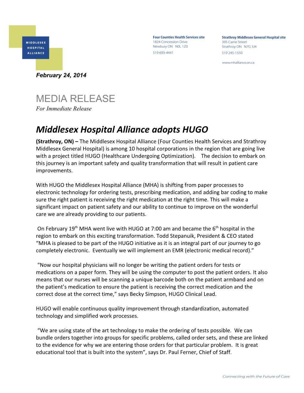 Middlesex Hospital Alliance Adopts HUGO