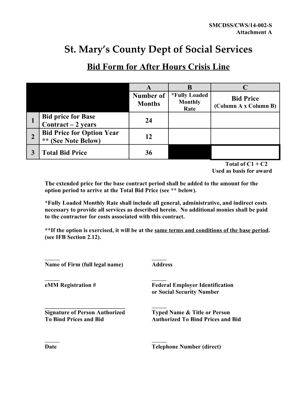 Bid Form for After Hours Crisis Line