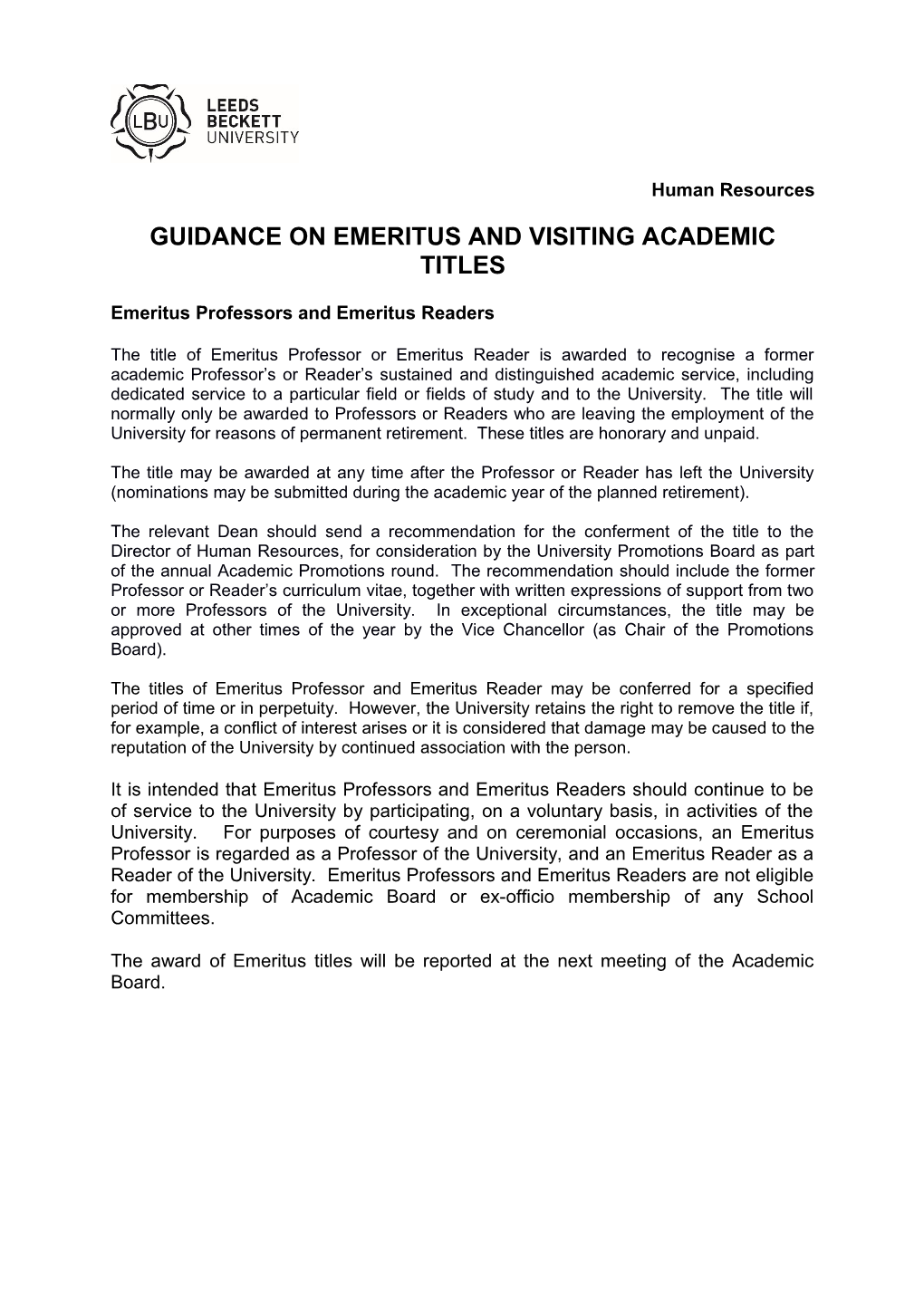 Guidance on Emeritus and Visiting Academic Titles