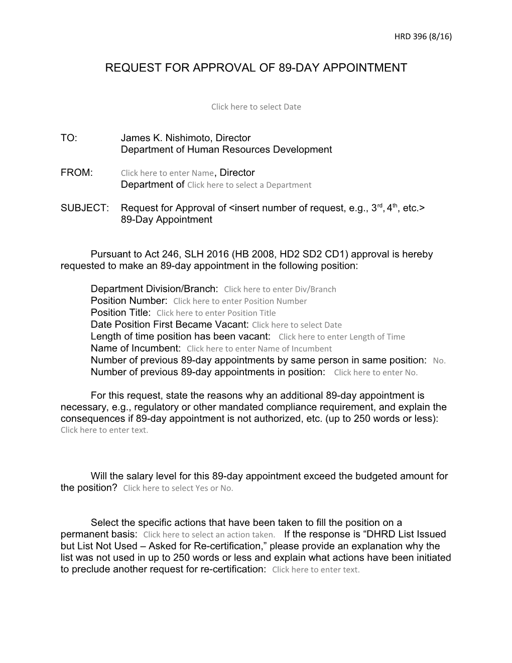 Request for Approval of 89-Day Appointment