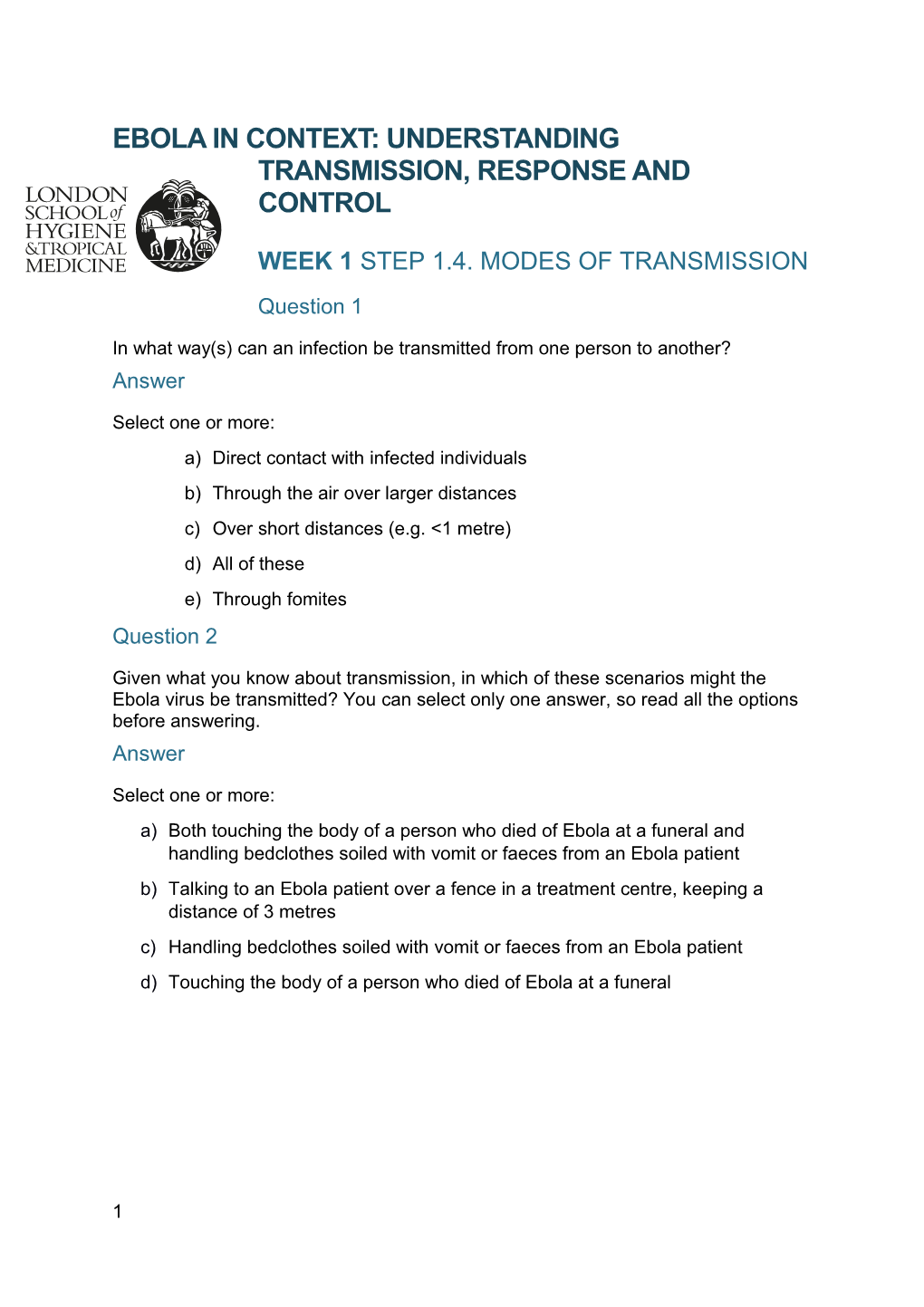 Week 1 Step 1.4. Modes of Transmission