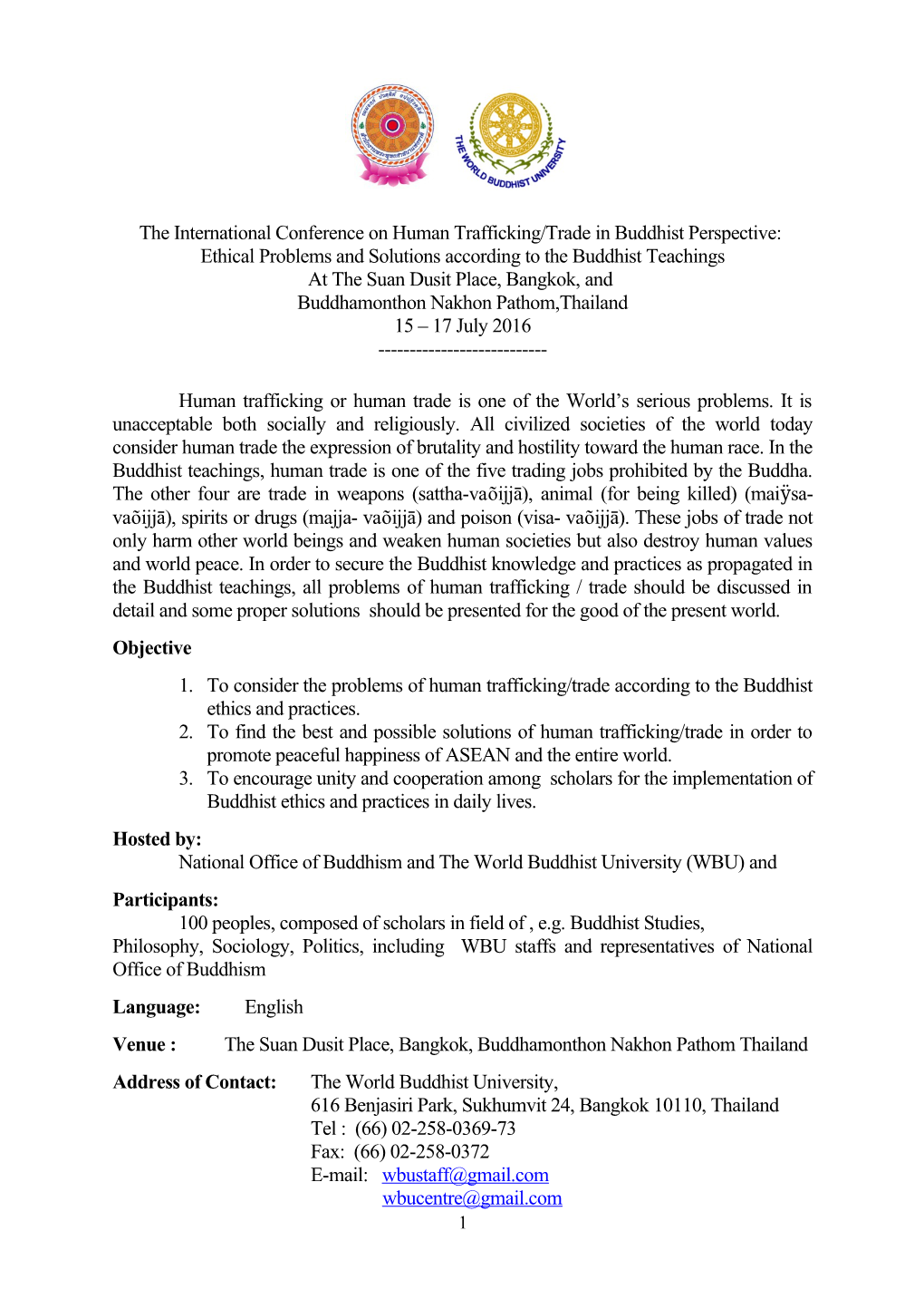 The International Conference Onhuman Trafficking/Trade in Buddhist Perspective