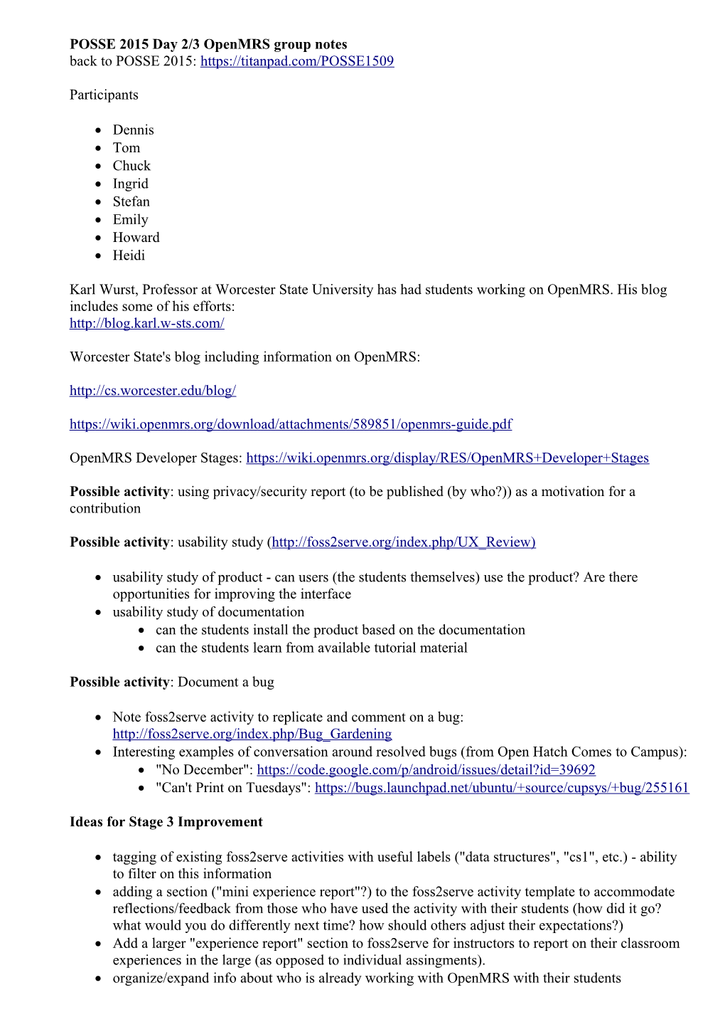 POSSE 2015 Day 2/3 Openmrs Group Notes Back to POSSE 2015: Participants