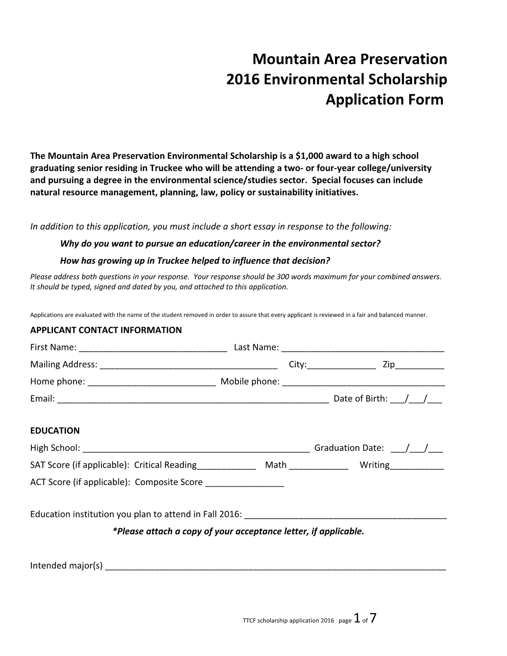 Tahoe Truckee Community Foundation Need Based Scholarship Common Application Form 2011