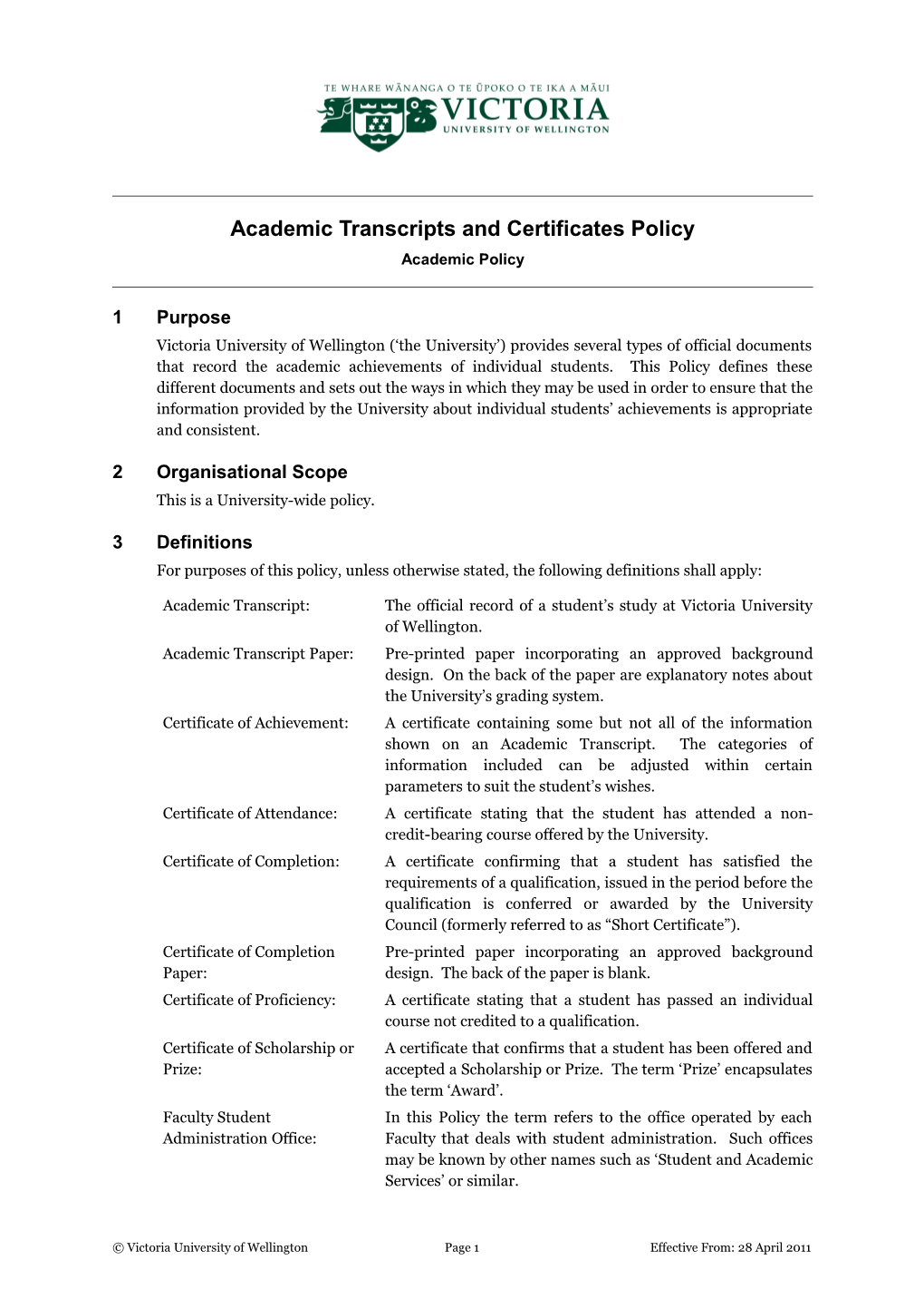 Academic Transcripts and Certificates Policy