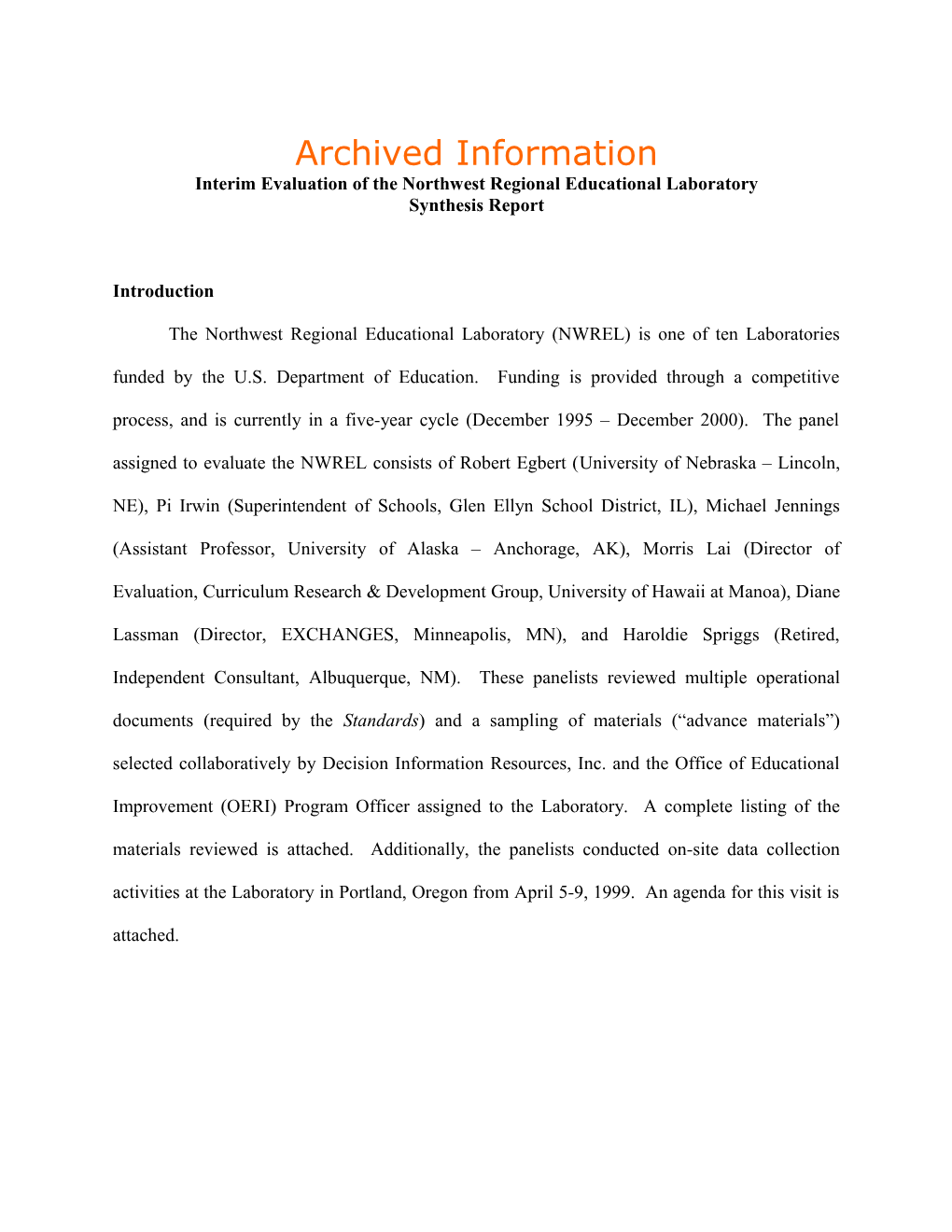 Archived: Interim Evaluation of the Northwest Regional Educational Laboratory