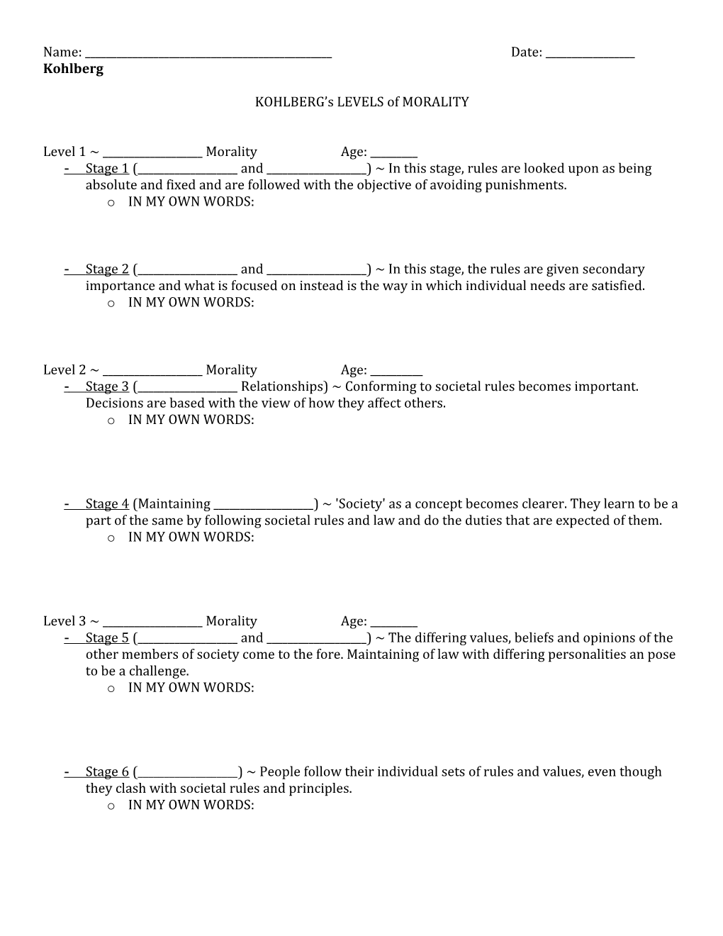 KOHLBERG S LEVELS of MORALITY