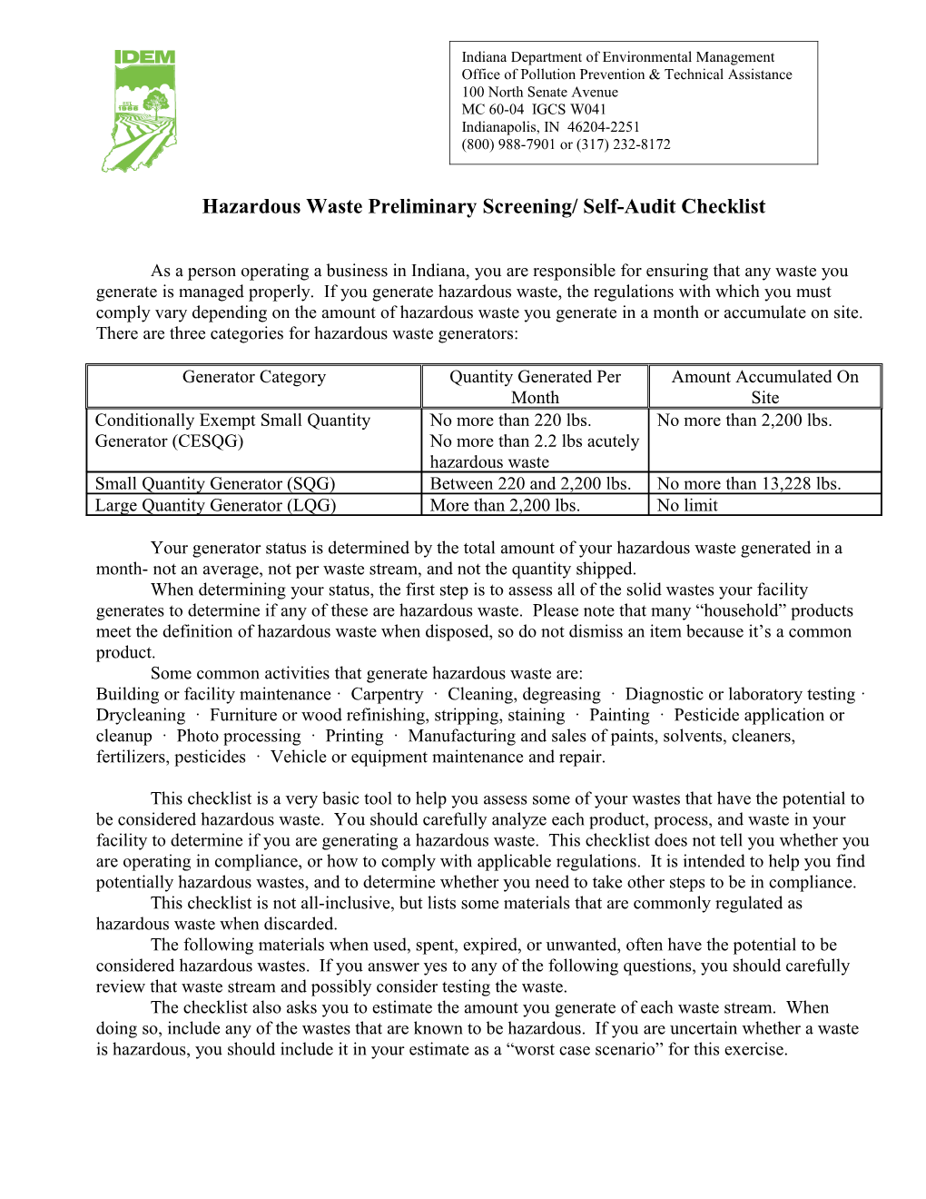 Hazardous Waste Preliminary Screening/ Self-Audit Checklist