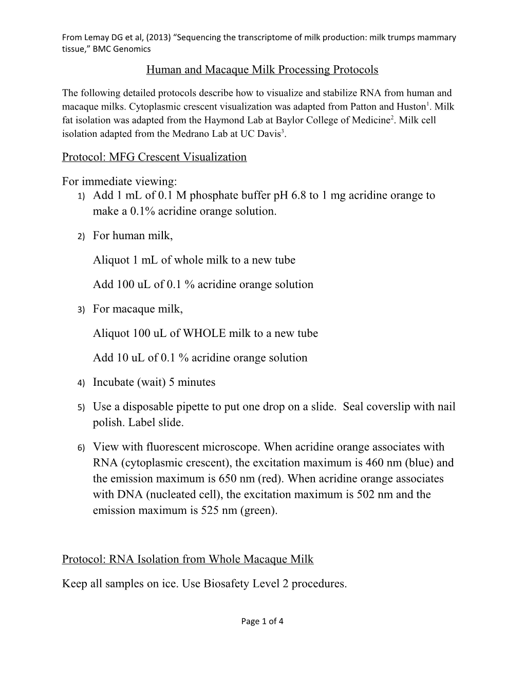 Human and Macaque Milk Processing Protocols