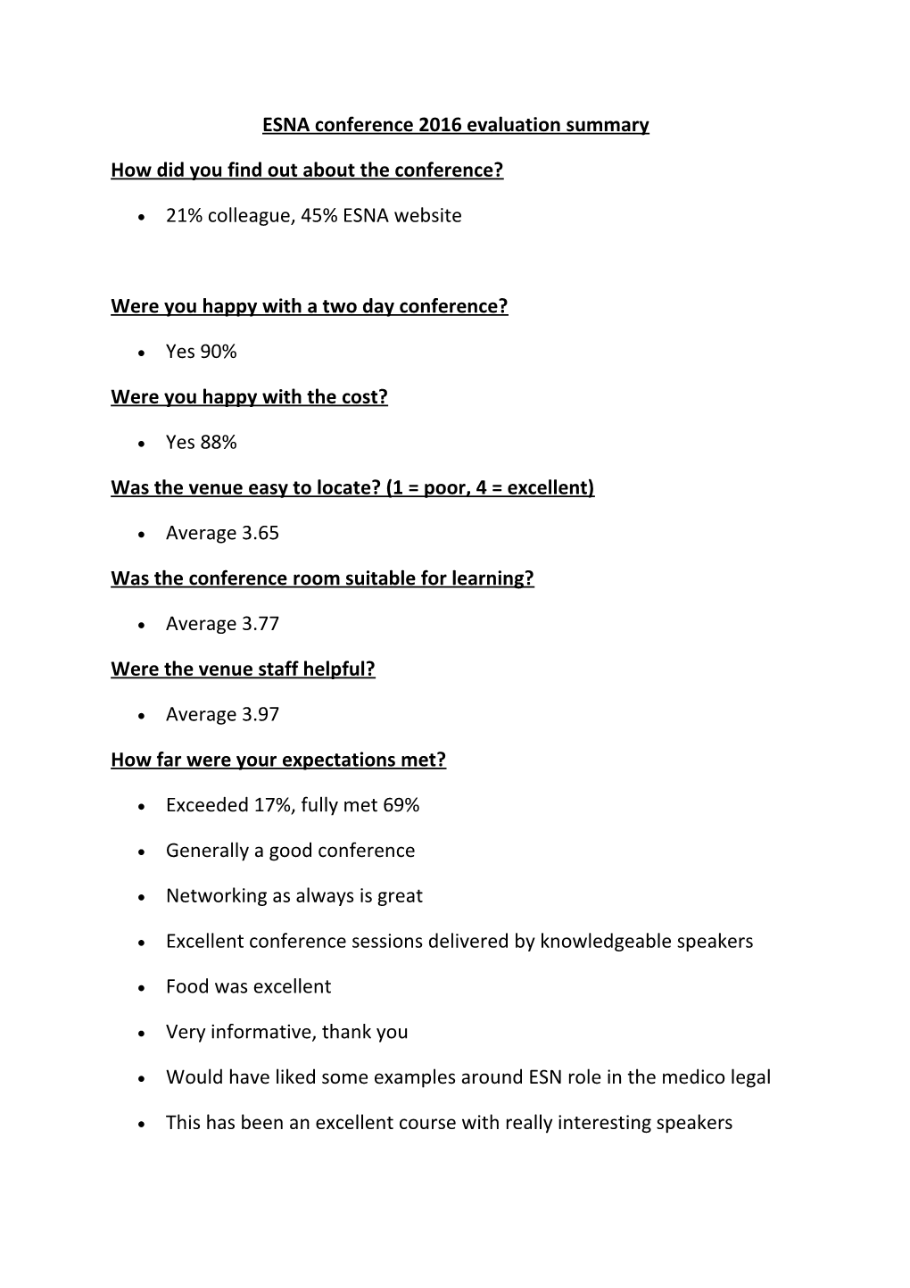 ESNA Conference 2016 Evaluation Summary