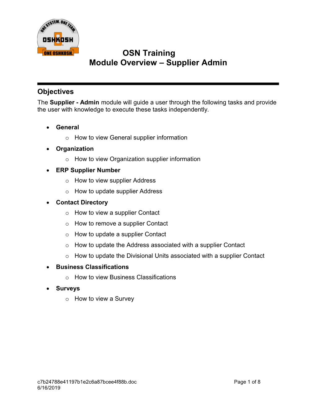 Module Overview Supplier Admin